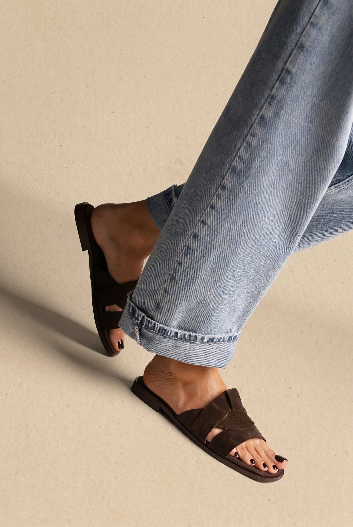Suede Leather Sandals Slide Strap - Brown Suede