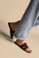 Suede Leather Sandals Slide Strap - Brown Suede