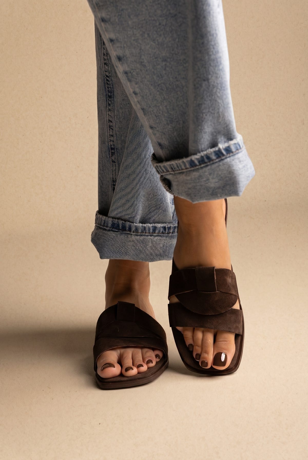 Suede Leather Sandals Slide Strap - Brown Suede