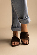 Suede Leather Sandals Slide Strap - Brown Suede