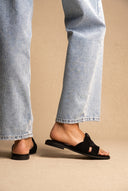 Suede Leather Sandals Slide Strap - Black Suede