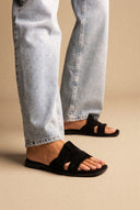 Suede Leather Sandals Slide Strap - Black Suede