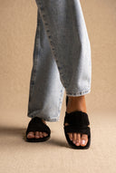 Suede Leather Sandals Slide Strap - Black Suede