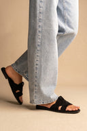 Suede Leather Sandals Slide Strap - Black Suede