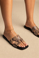 Sandals Wide Cut Out Strap - Beige Snake Print