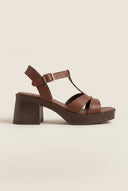 Block Heel Sandals Ankle Strap - Brown Matte