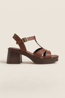 Block Heel Sandals Ankle Strap - Brown Matte