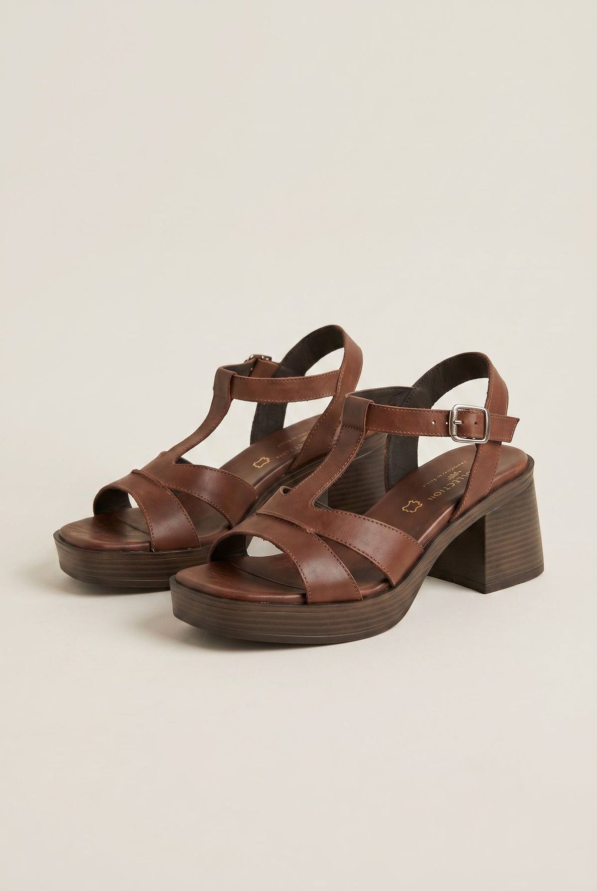 Block Heel Sandals Ankle Strap - Brown Matte