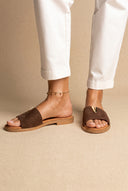 Sandals Wide Cut Out Strap - Brown Suede