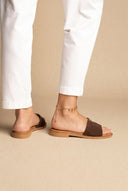 Sandals Wide Cut Out Strap - Brown Suede