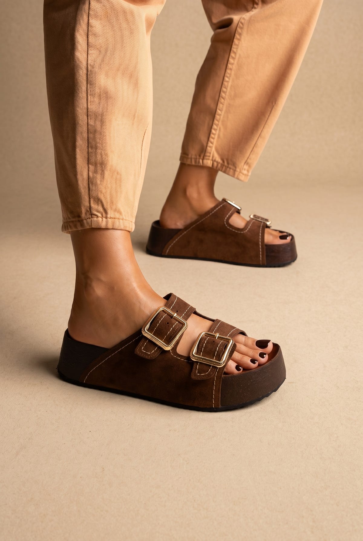 Flatform Sandals Buckle Detail - Brown Suede