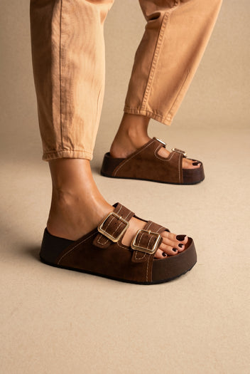 Flatform Sandals Buckle Detail - Brown Suede