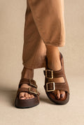 Flatform Sandals Buckle Detail - Brown Suede