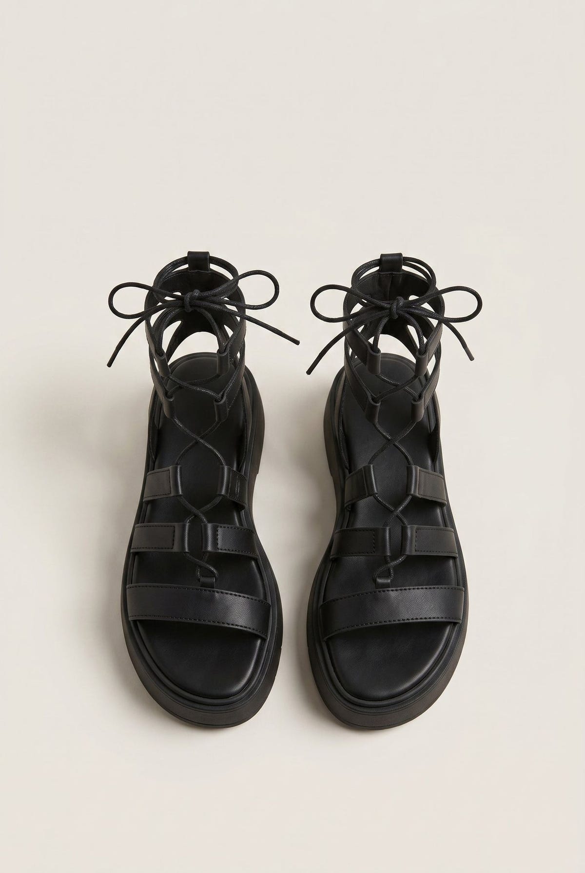 Flatform Gladiator Sandals Lace Up - Black Matte
