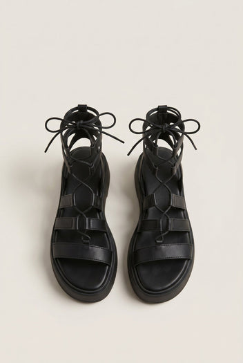 Flatform Gladiator Sandals Lace Up - Black Matte