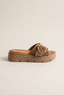 Flatform Sandals Statement Buckle - Taupe Suede