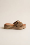 Flatform Sandals Statement Buckle - Taupe Suede