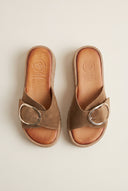 Flatform Sandals Statement Buckle - Taupe Suede