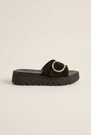 Flatform Sandals Statement Buckle - Black Suede