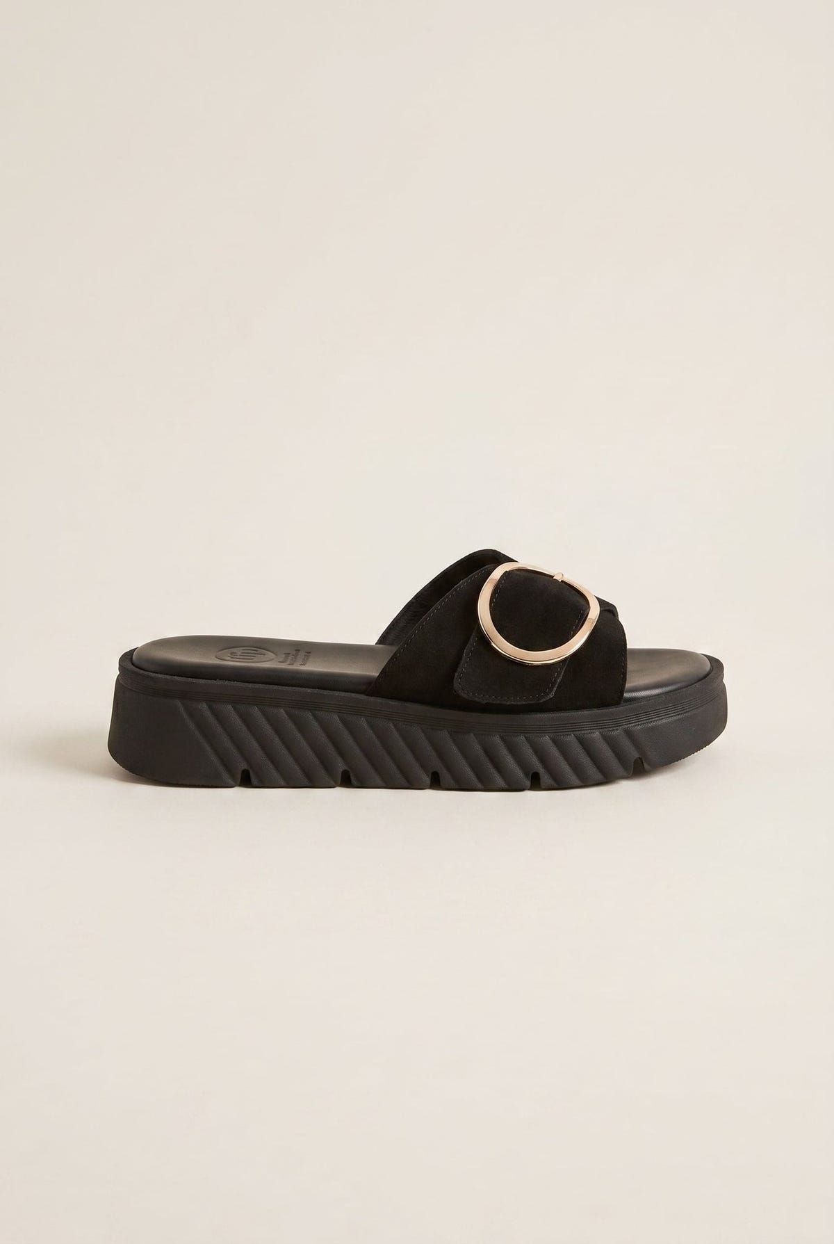 Flatform Sandals Statement Buckle - Black Suede
