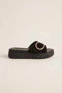 Flatform Sandals Statement Buckle - Black Suede