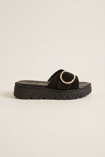 Flatform Sandals Statement Buckle - Black Suede