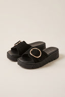 Flatform Sandals Statement Buckle - Black Suede