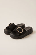 Flatform Sandals Statement Buckle - Black Suede