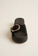 Flatform Sandals Statement Buckle - Black Suede