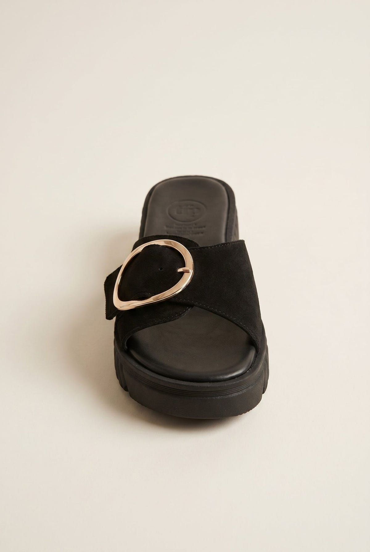 Flatform Sandals Statement Buckle - Black Suede