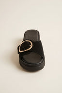 Flatform Sandals Statement Buckle - Black Suede