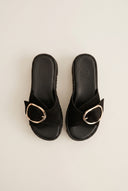 Flatform Sandals Statement Buckle - Black Suede