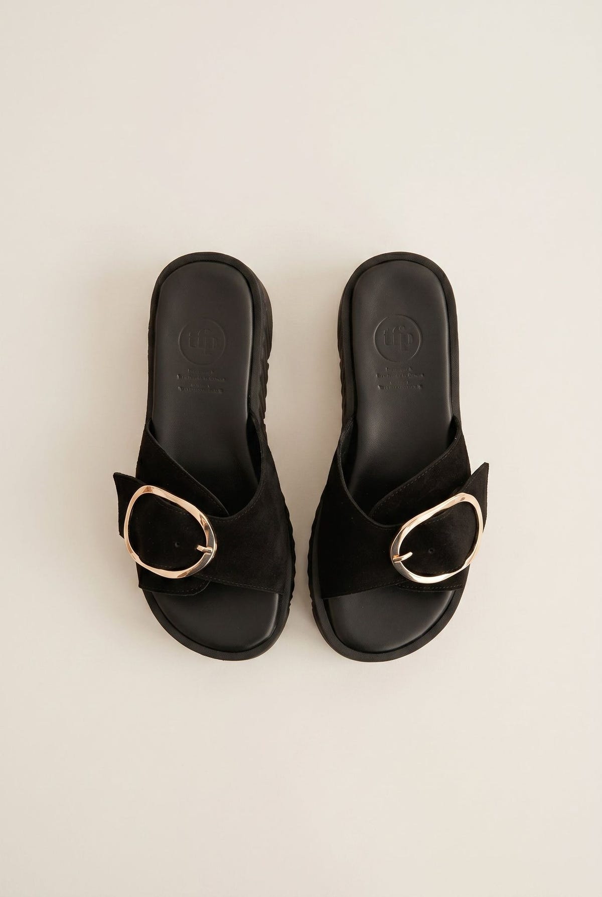 Flatform Sandals Statement Buckle - Black Suede