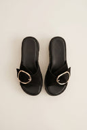Flatform Sandals Statement Buckle - Black Suede