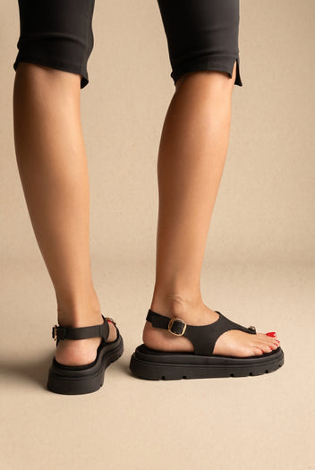 Flatform Toe Ring Sandals T-Strap - Black