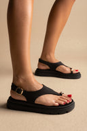 Flatform Toe Ring Sandals T-Strap - Black