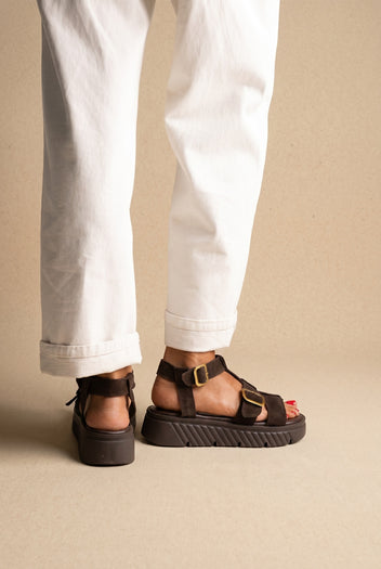 Flatform Sandals Side Buckle - Dark Brown Suede
