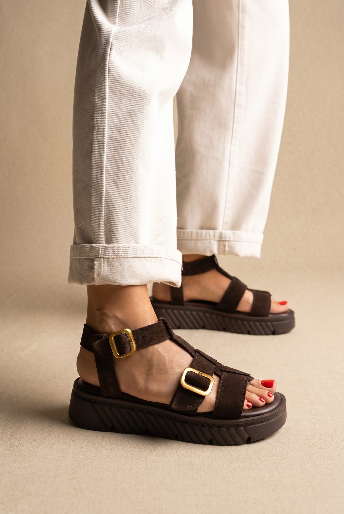 Flatform Sandals Side Buckle - Dark Brown Suede