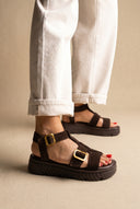 Flatform Sandals Side Buckle - Dark Brown Suede