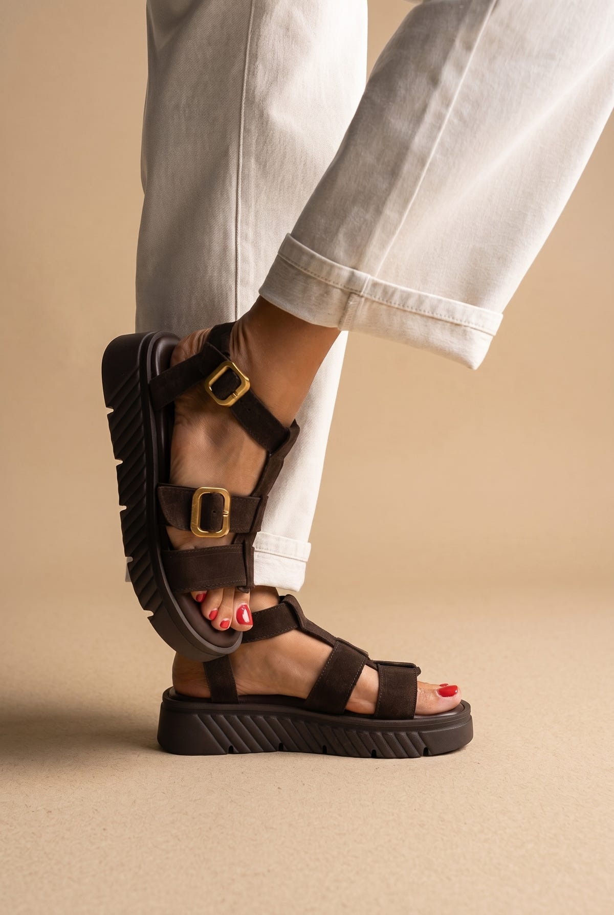 Flatform Sandals Side Buckle - Dark Brown Suede
