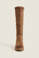 Block Heel Boots Round Toe - Camel Suede