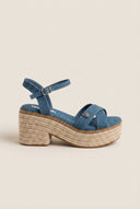 Heeled Sandals Crossover Strap Rope Sole - Denim Blue