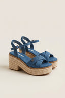 Heeled Sandals Crossover Strap Rope Sole - Denim Blue