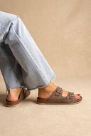 Sandals Wide Strap Buckle - Brown Suede