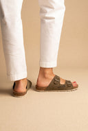 Sandals Wide Strap Buckle - Khaki Green Suede