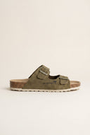 Sandals Wide Strap Buckle - Khaki Green Suede