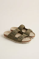 Sandals Wide Strap Buckle - Khaki Green Suede