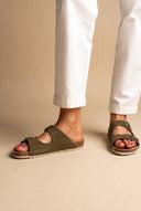 Sandals Wide Strap Buckle - Khaki Green Suede
