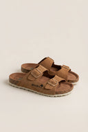 Sandals Wide Strap Buckle - Tan Suede