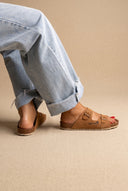 Sandals Wide Strap Buckle - Tan Suede